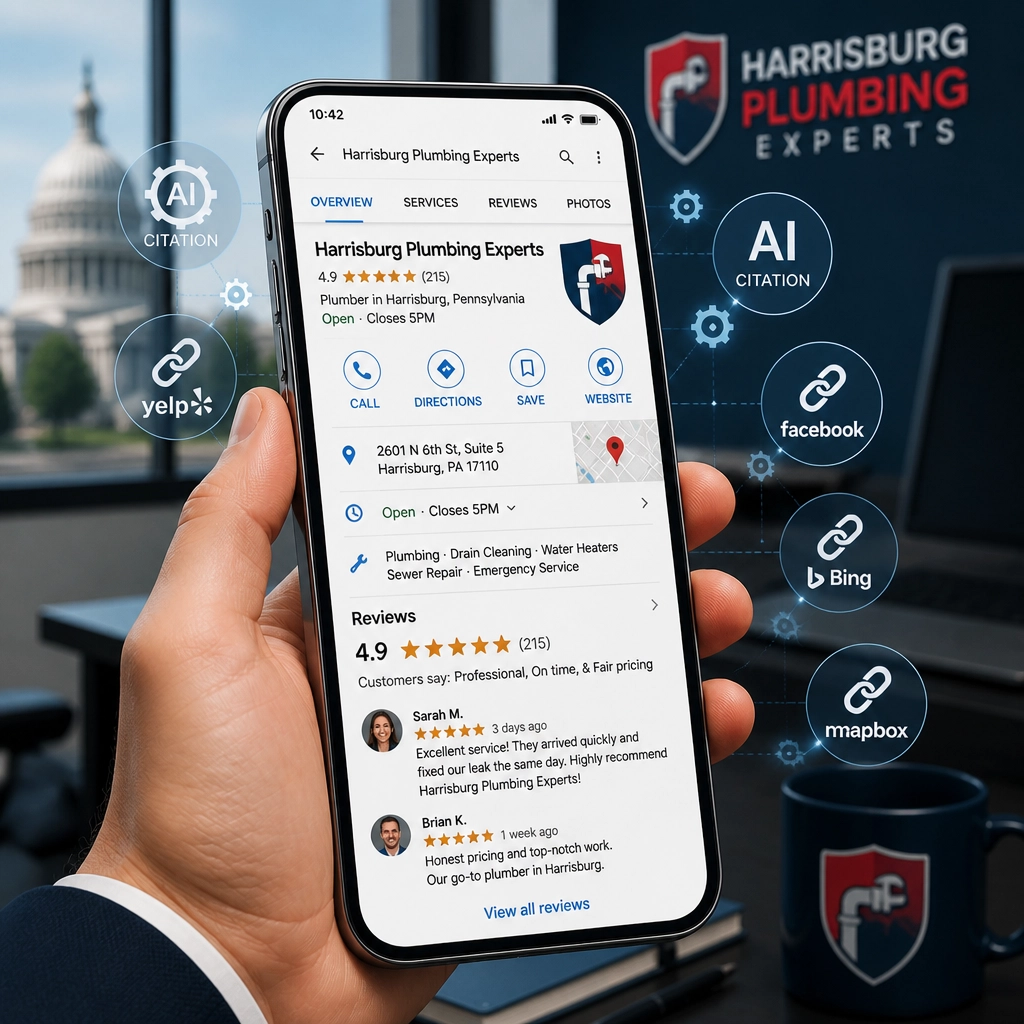 Smartphone showing high reputation and AI citation signals for a local Harrisburg plumber