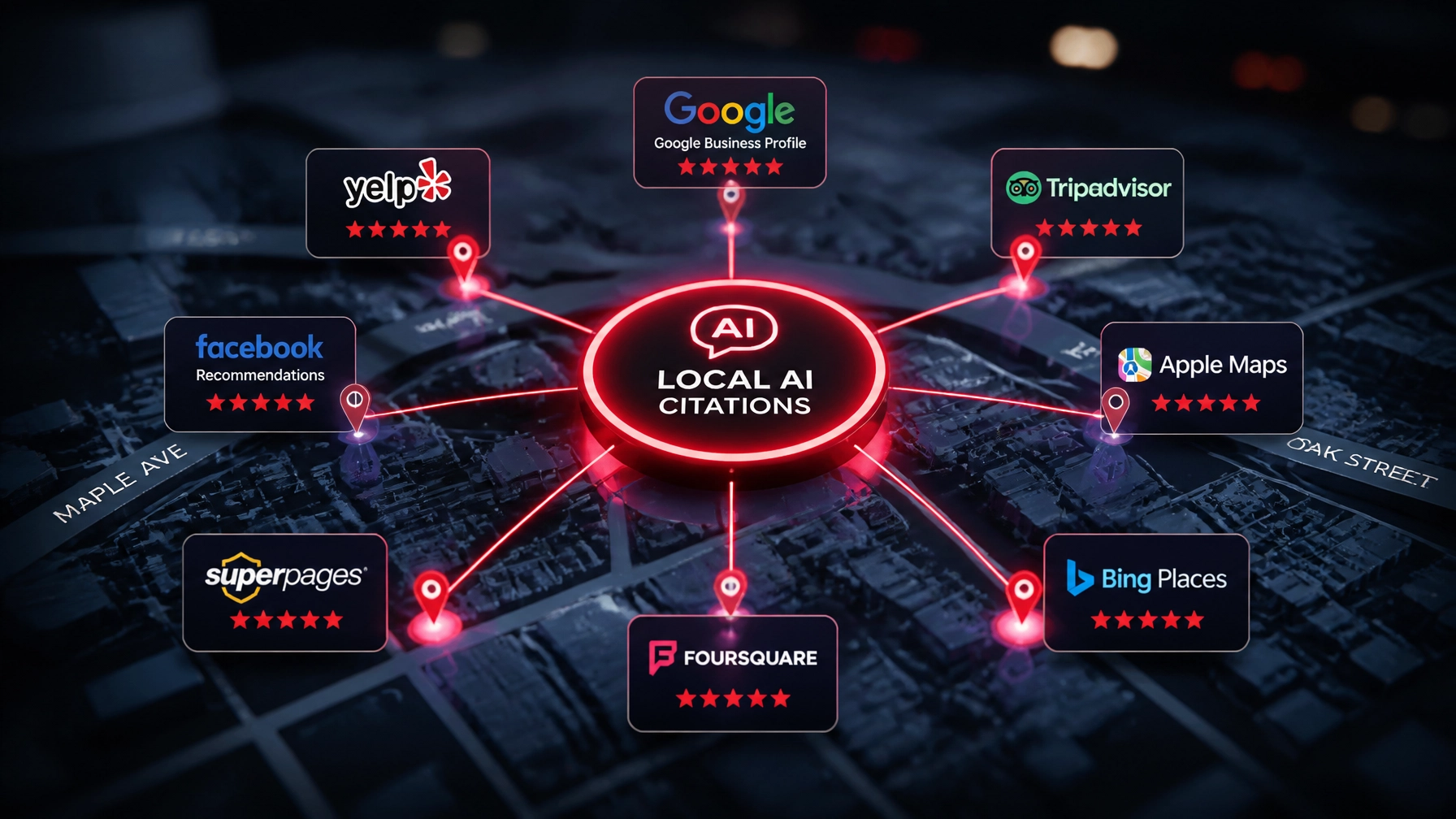 A sleek digital visualization of a local neighborhood with glowing nodes representing business citations, connected by light beams to a central AI hub. Deep navy blue background with crisp white and crimson red highlights.
