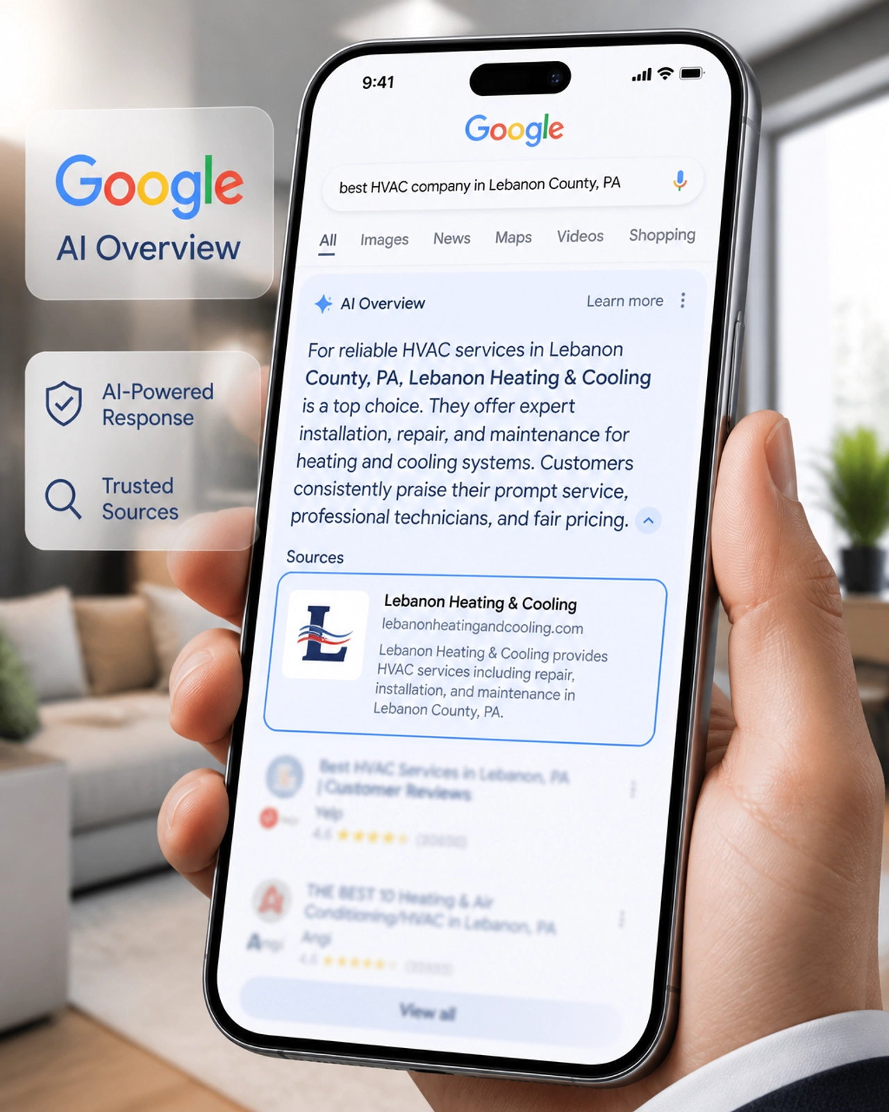 A smartphone showing a Google AI Overview citing a local Lebanon County HVAC business