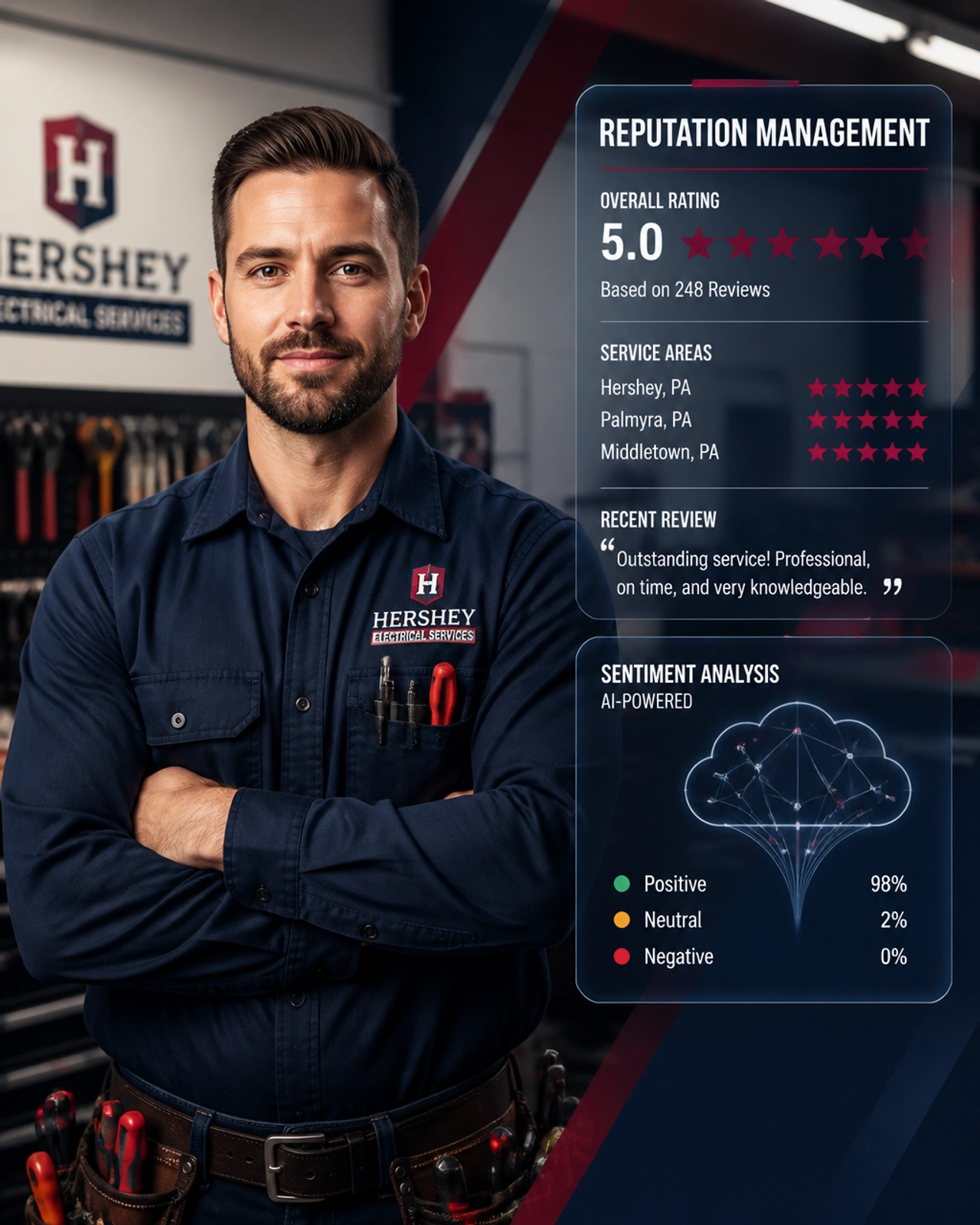 Electrician in Hershey viewing an AI-driven reputation management summary showing 5-star ratings