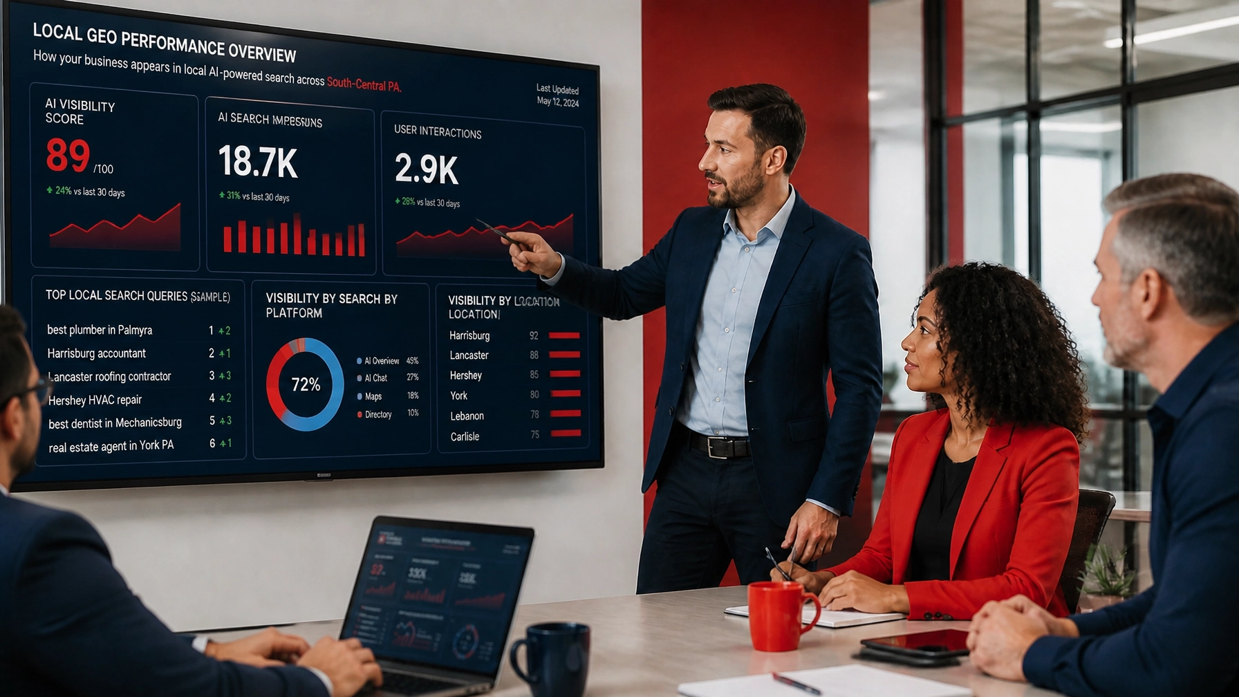 A professional team collaborating in a modern office while reviewing a local search dashboard with examples like Best plumber in Palmyra, Harrisburg accountant, Lancaster roofing contractor, and Hershey HVAC repair. Vibrant crimson and navy colors with a polished corporate-tech aesthetic.