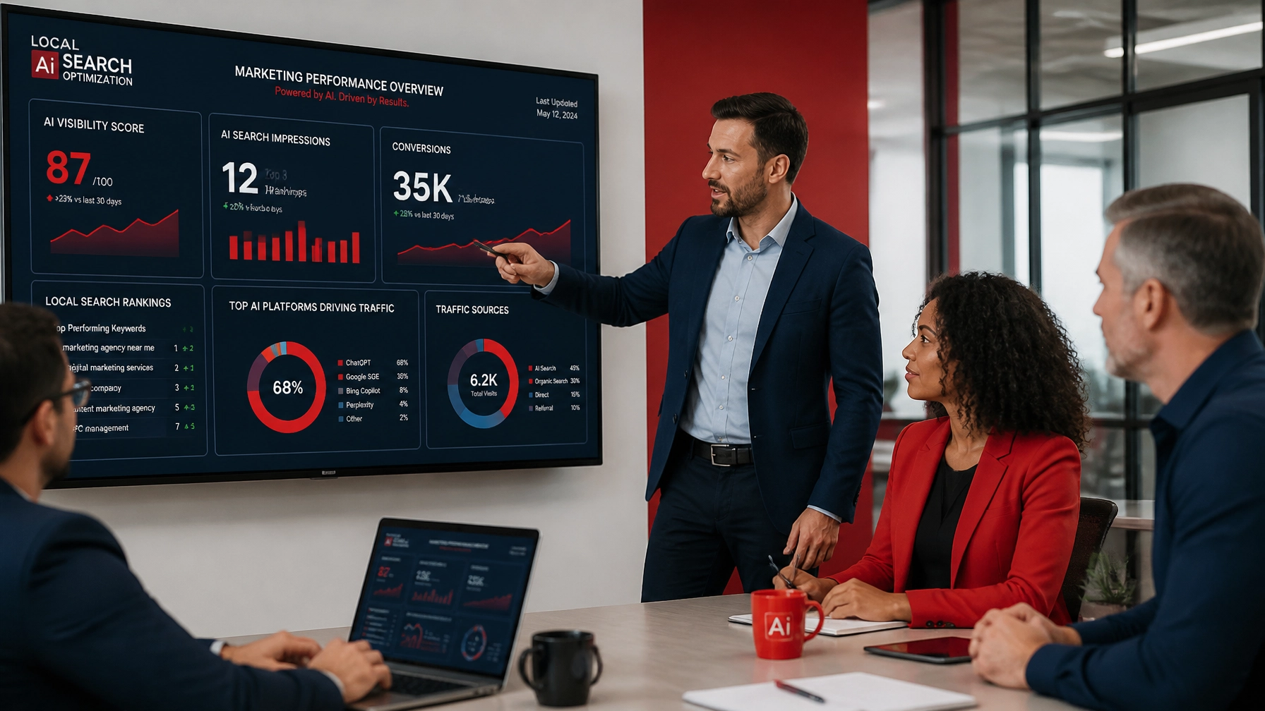 A professional team collaborating in a modern, well-lit office. One person is pointing to a large screen displaying a data-rich marketing dashboard. Vibrant crimson and navy colors, high-contrast, professional urgency.