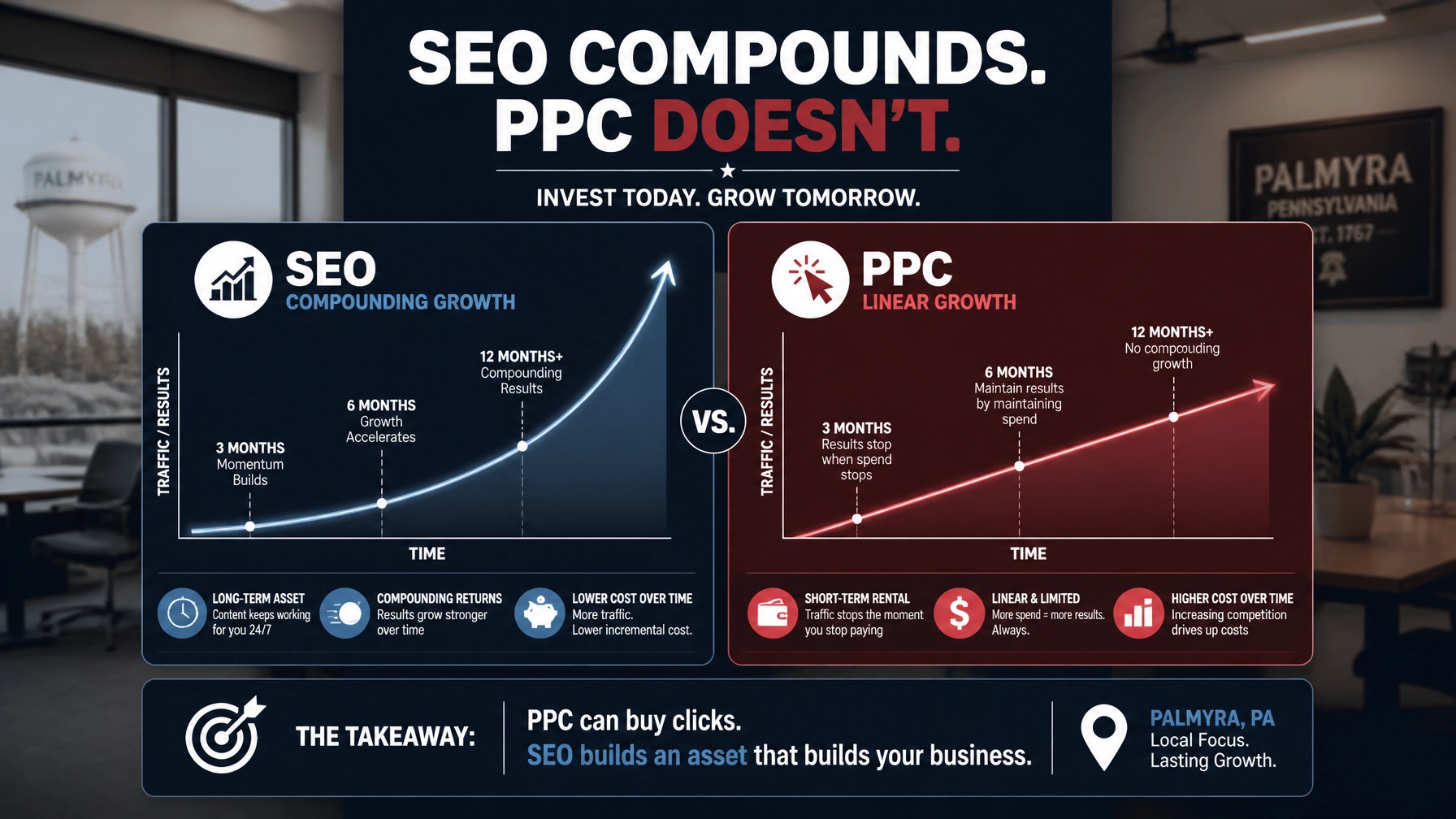 A high-contrast infographic comparing the compounding growth of SEO against the linear growth of PPC. The graphic uses a navy blue and crimson red palette with crisp white text. The background is a softly blurred office environment in Palmyra, PA.