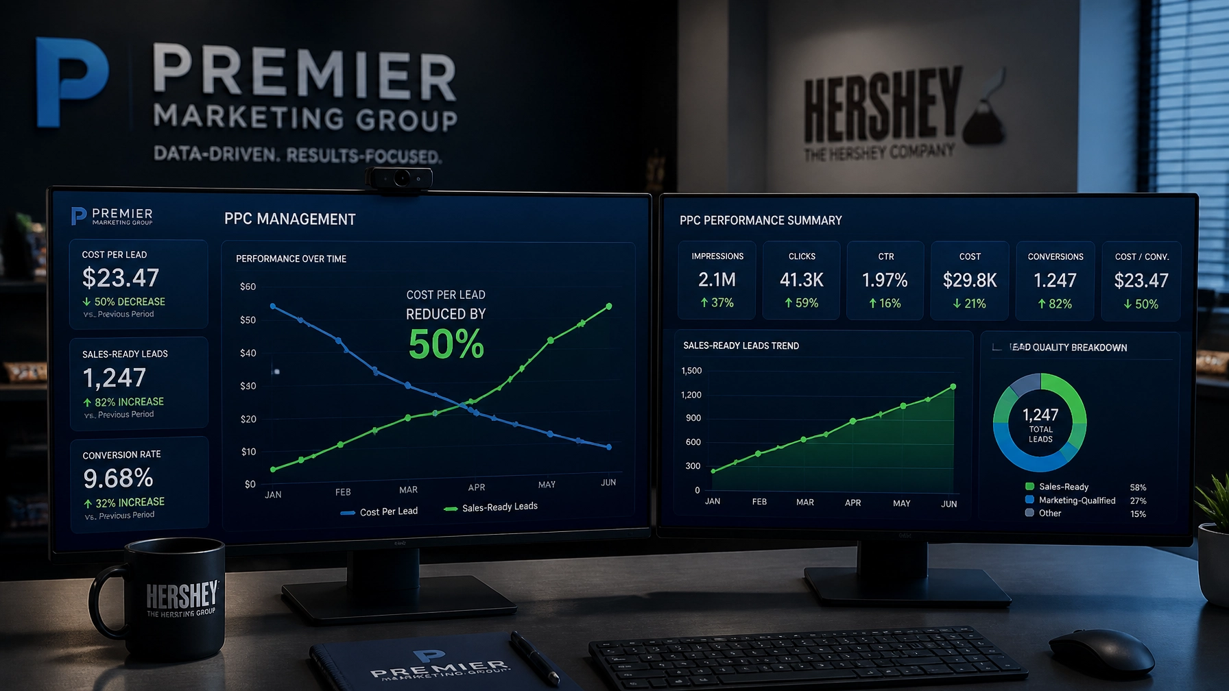 Performance dashboard showing a 50% reduction in cost per lead through AI-driven PPC management