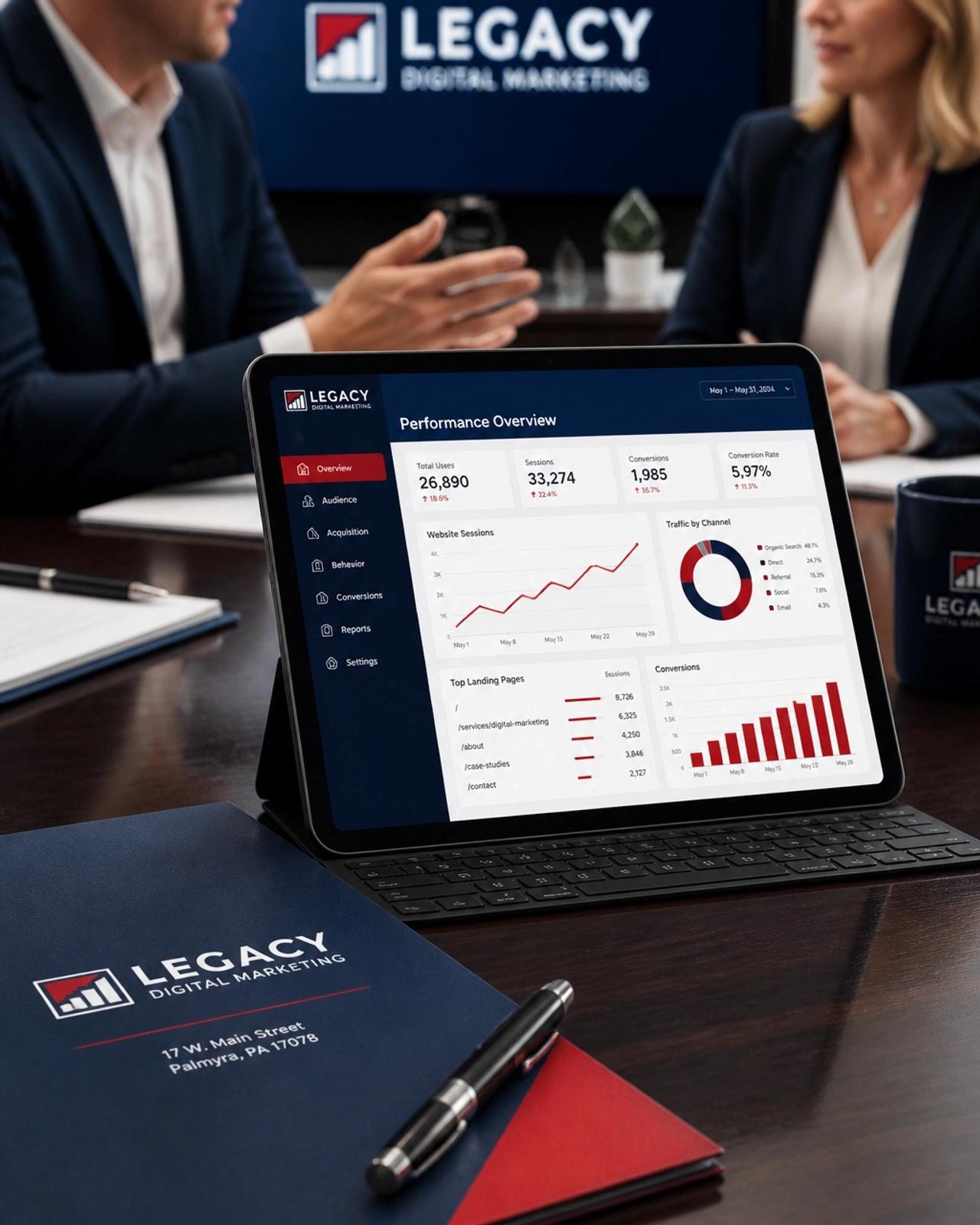 A digital marketing performance dashboard showing growth for a professional business