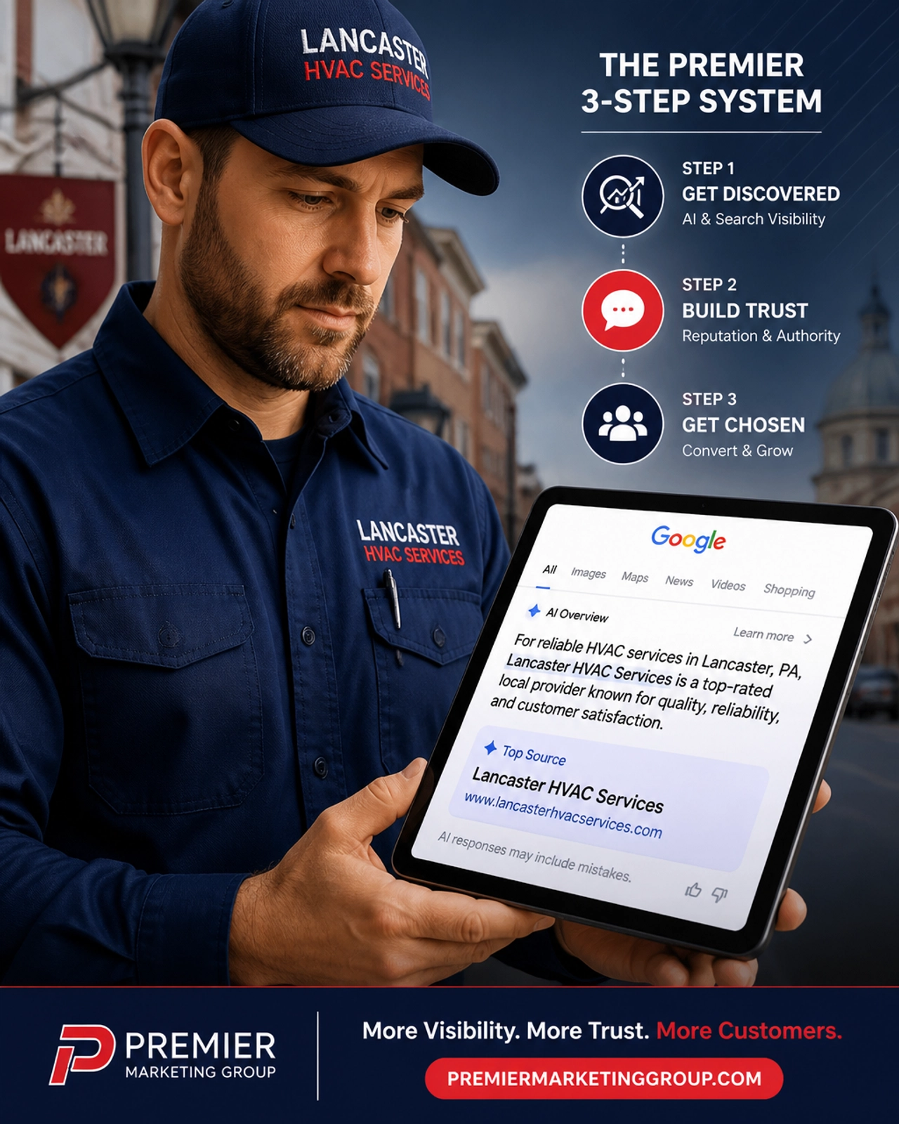 HVAC technician in Lancaster viewing an AI citation on a tablet