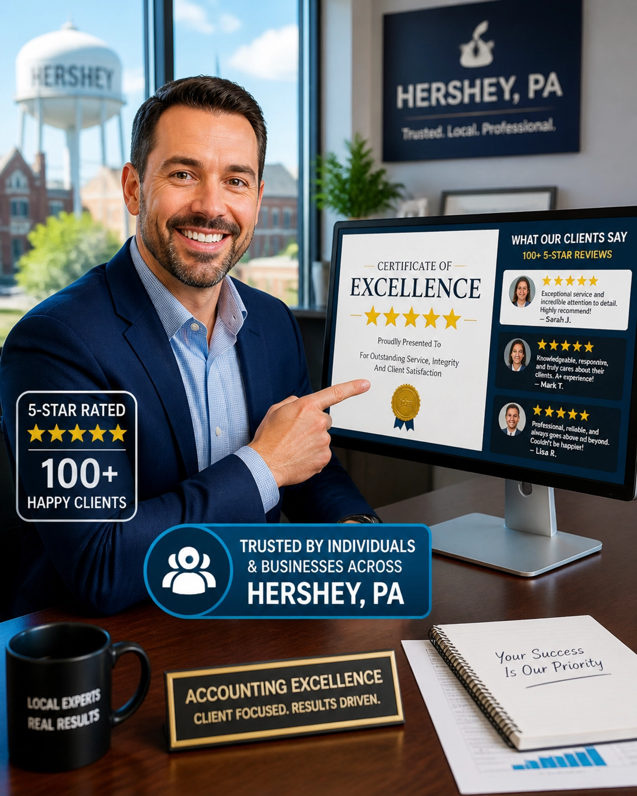 Accountant in Hershey, PA showcasing client testimonials and high ratings