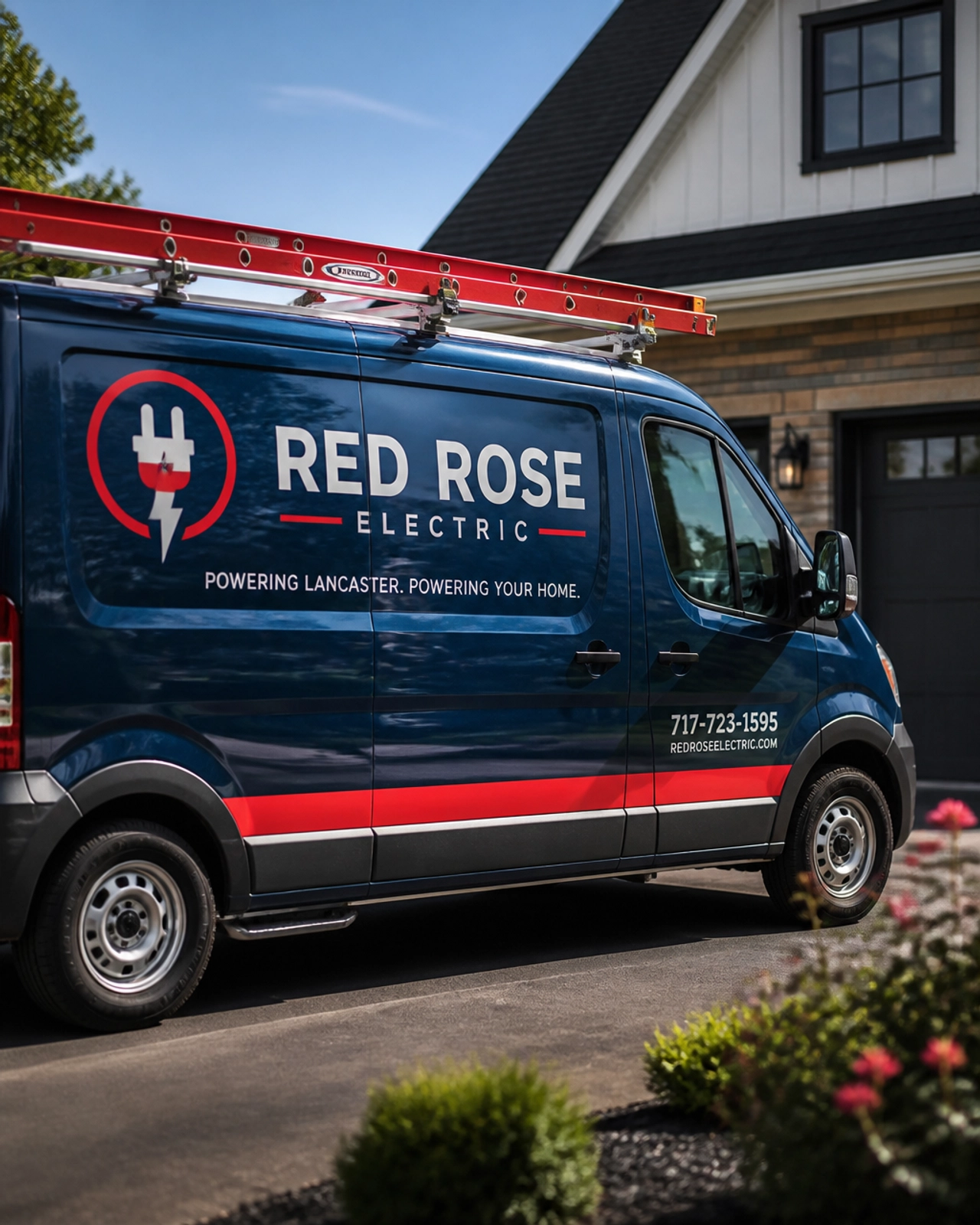 A high-end service van for a local electrician, showing professional branding and trust signals