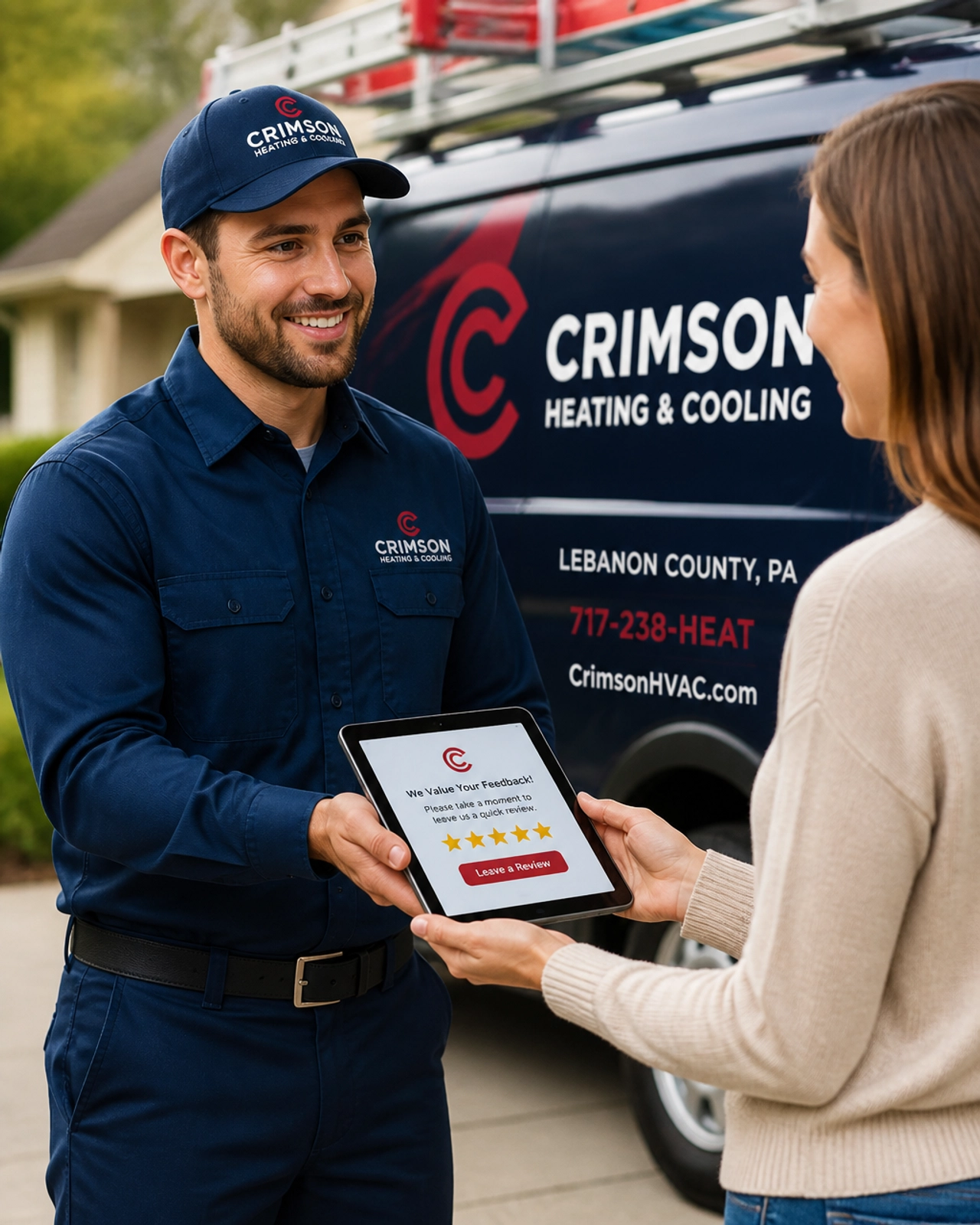 HVAC technician in Lebanon County showing a customer how to leave a positive review