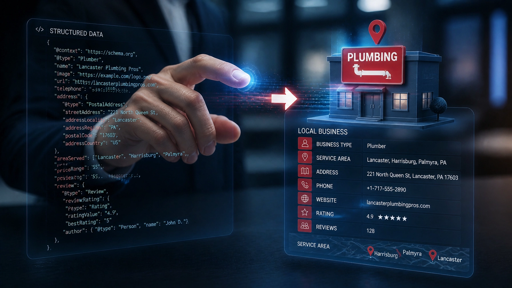 A close-up corporate-tech image of a hand interacting with a holographic interface where structured data transforms into a local business icon, with subtle labels for Palmyra, Harrisburg, and Lancaster. Sharp focus, blurred office background, and a navy, crimson, and white palette.