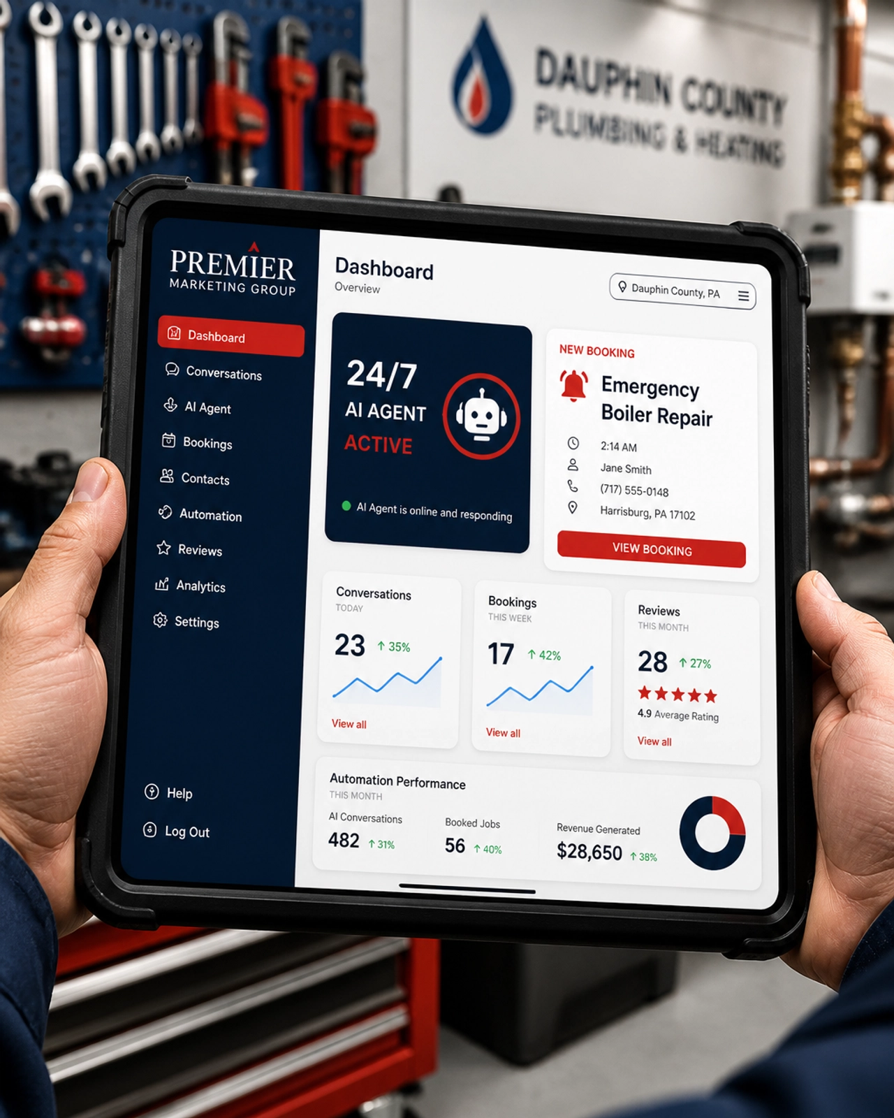 A Premier Marketing Group dashboard showing a midnight emergency booking handled by an AI agent