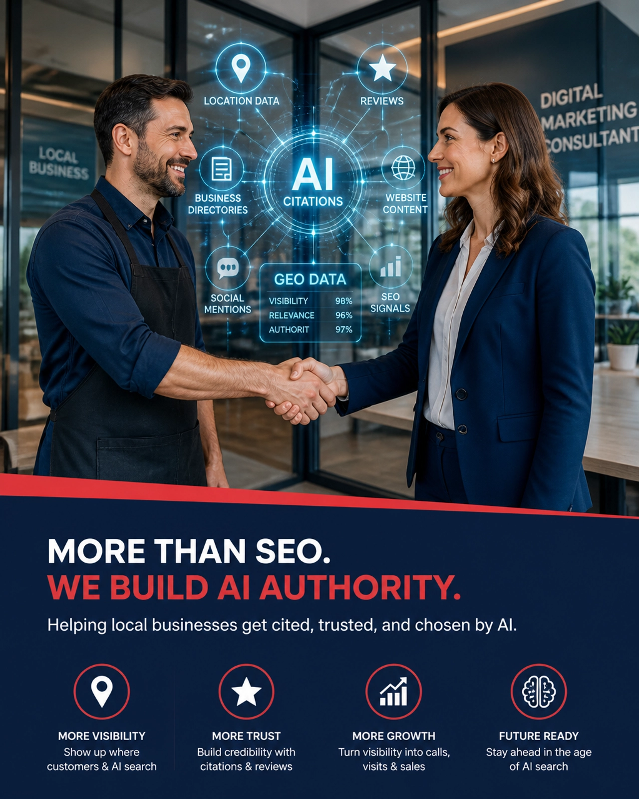 Digital marketing consultant and business owner shaking hands in a modern office