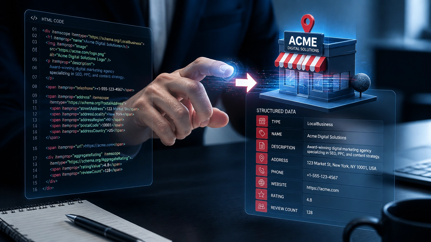 A close-up, high-angle shot of a hand interacting with a holographic interface showing lines of code transforming into a 3D business icon. Sharp focus, soft blurred office background, professional navy and white color palette.