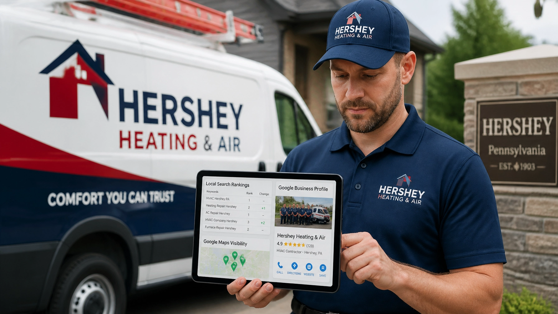 A professional local HVAC contractor in Hershey, PA reviewing local search rankings and Google Maps business profile on a tablet in front of a service van