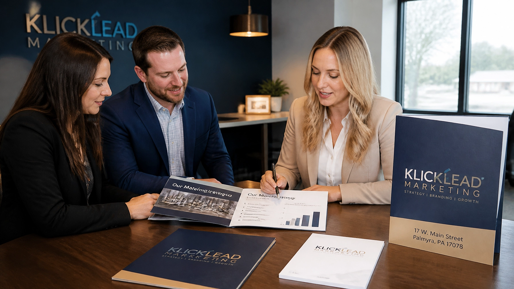 A professional marketing strategy consultation in a modern office in Lebanon County, PA, showing branded folders with the local Palmyra address