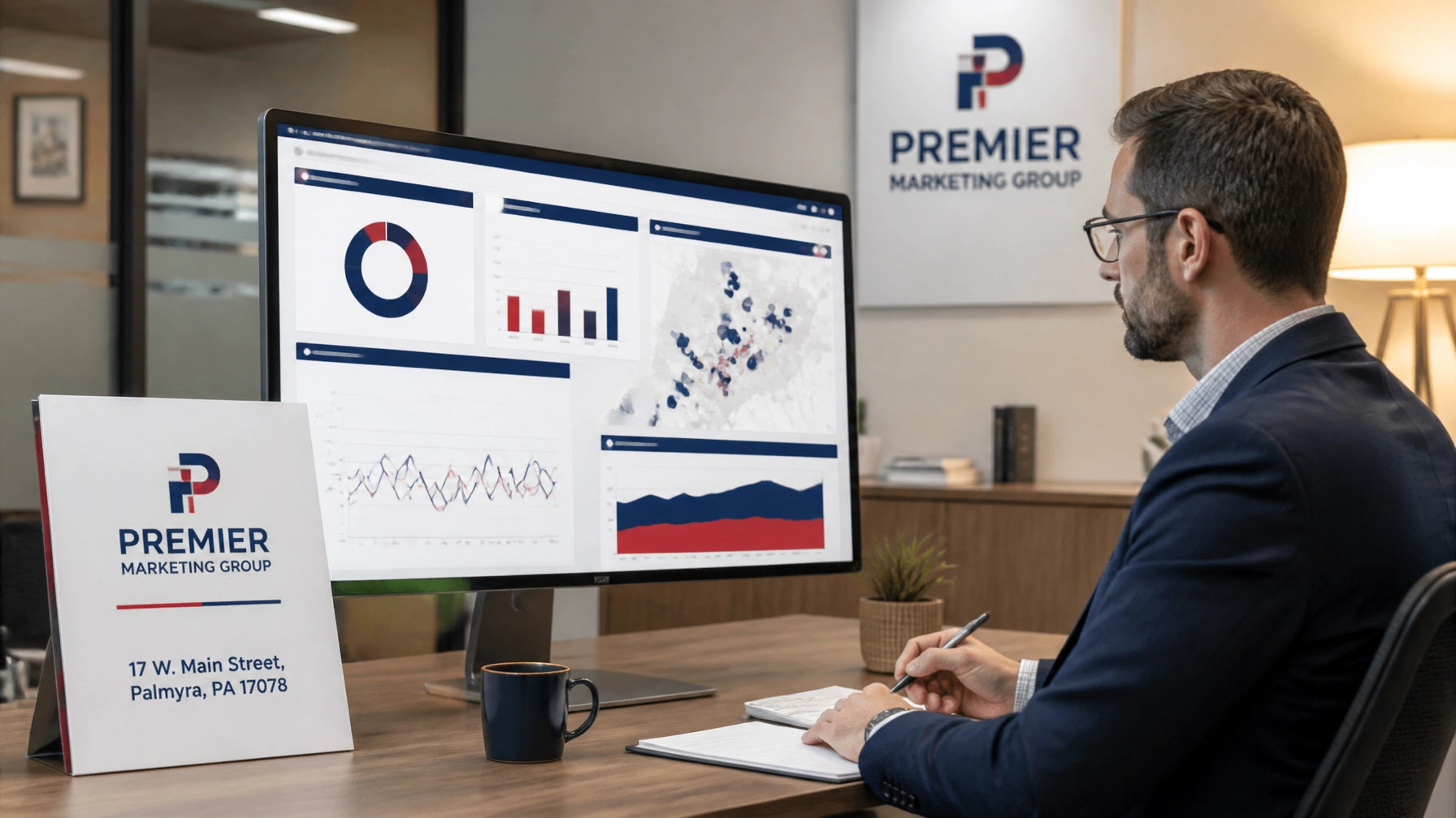 Premier Marketing Group workspace in Palmyra, PA reviewing a local GEO citation visibility dashboard