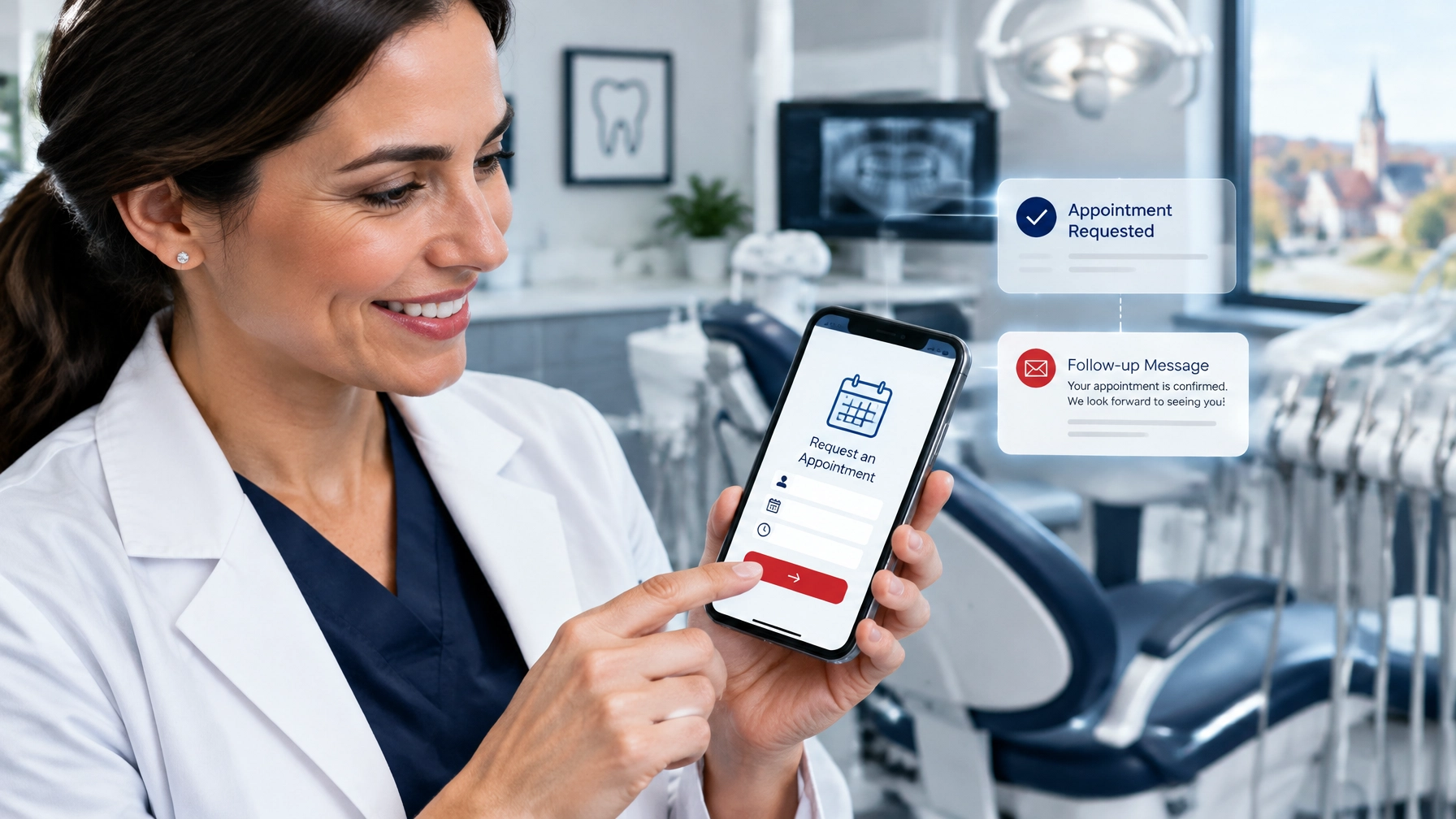 Palmyra dentist reviewing an appointment request and automated follow-up on a smartphone