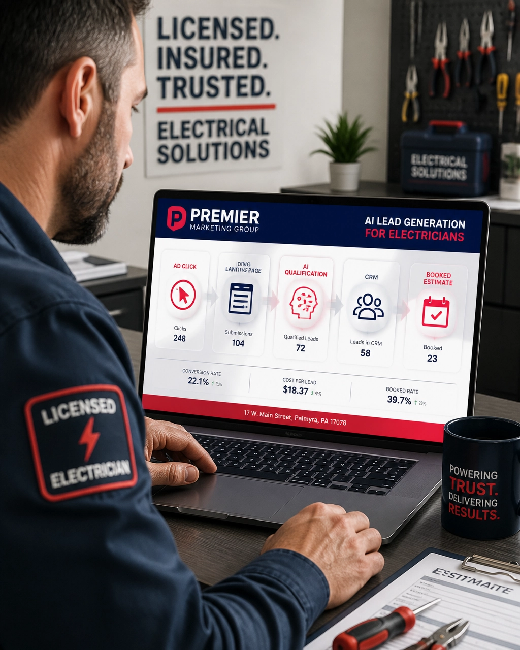 Electrician reviewing a Premier Marketing Group AI lead-generation workflow dashboard