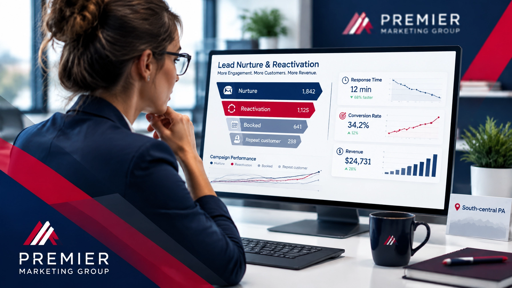 Premier Marketing Group strategist reviewing nurture, reactivation, booking, and revenue metrics