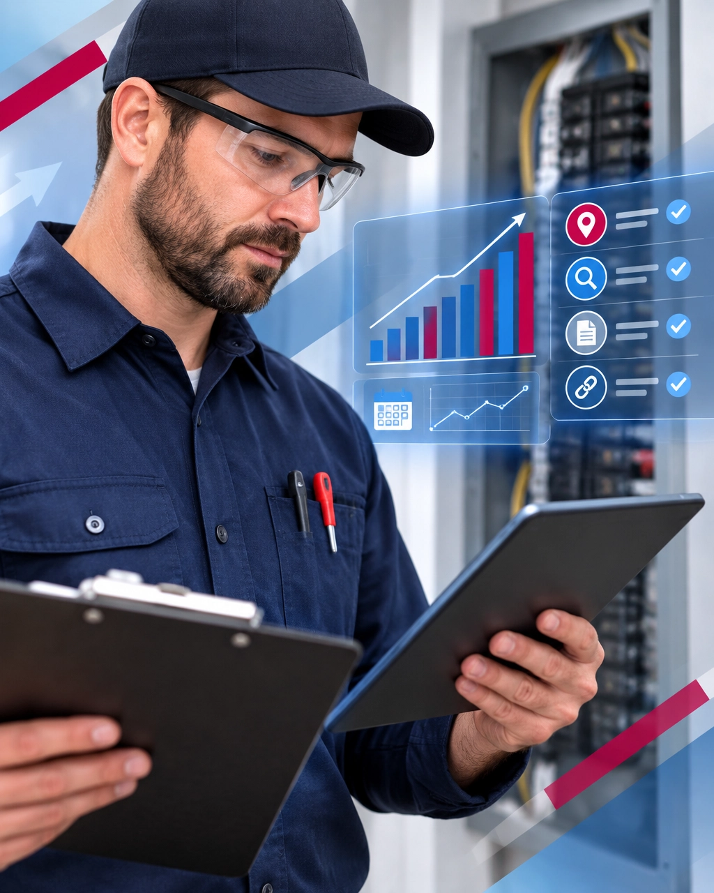 Electrician in Lebanon County, Pennsylvania comparing monthly local visibility data on a tablet
