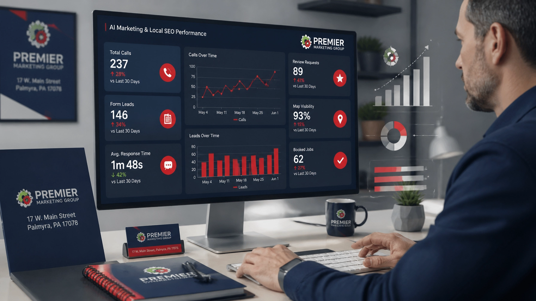 Premier Marketing Group strategist reviewing an AI marketing and local SEO dashboard with calls, booked jobs, reviews, and response-time metrics