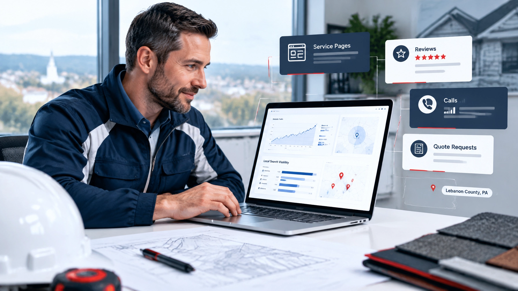 Pennsylvania roofing contractor reviewing a local search and website performance dashboard