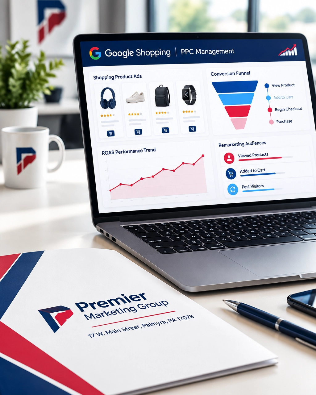 Premier Marketing Group workspace showing ecommerce PPC performance, Shopping campaigns, and remarketing data