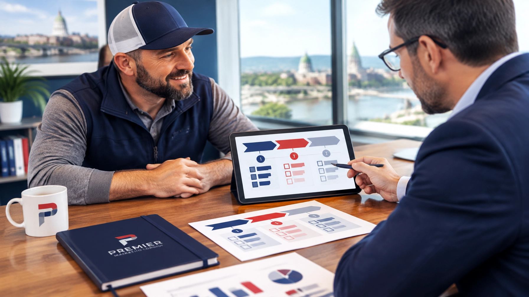 Roofing business owner and marketing consultant reviewing a 90-day onboarding roadmap
