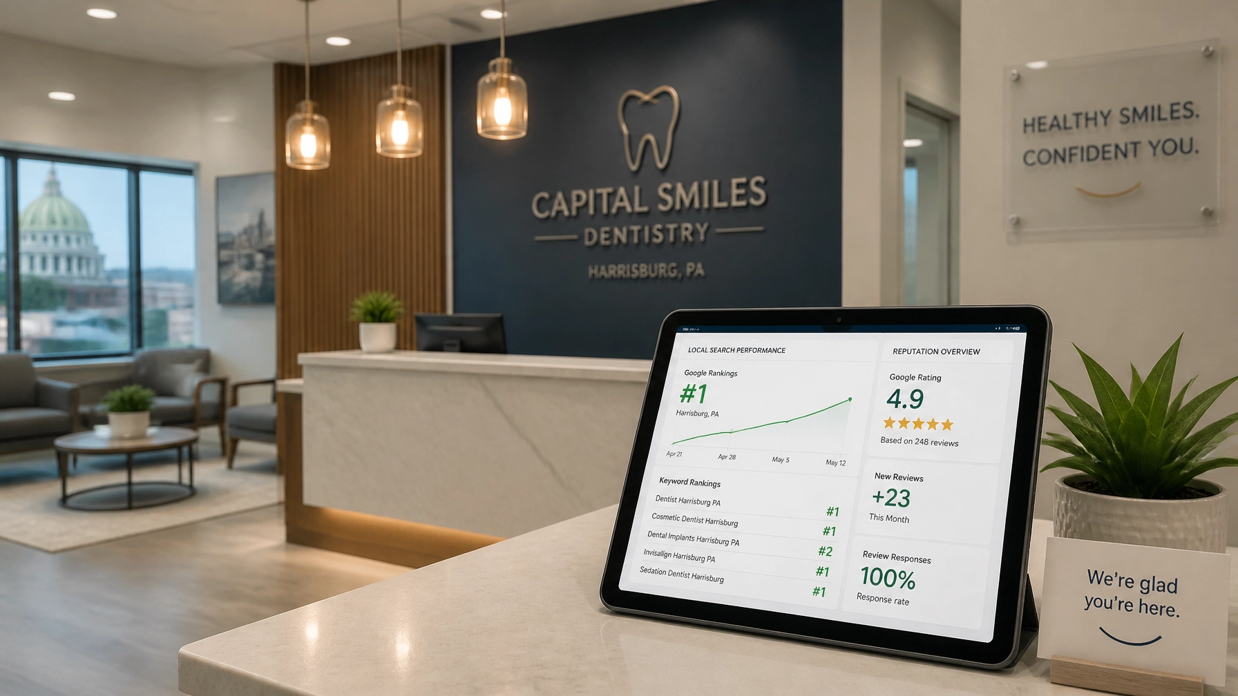 Modern dental practice reception area in Harrisburg, PA with clean architectural lines and reputation metrics