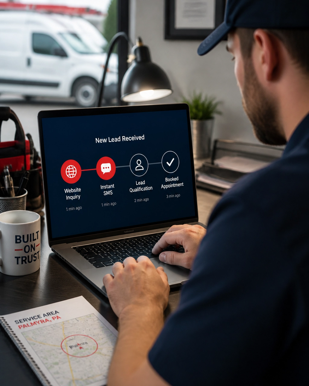Local plumber reviewing an automated lead workflow showing inquiry, instant SMS, qualification, and booked appointment