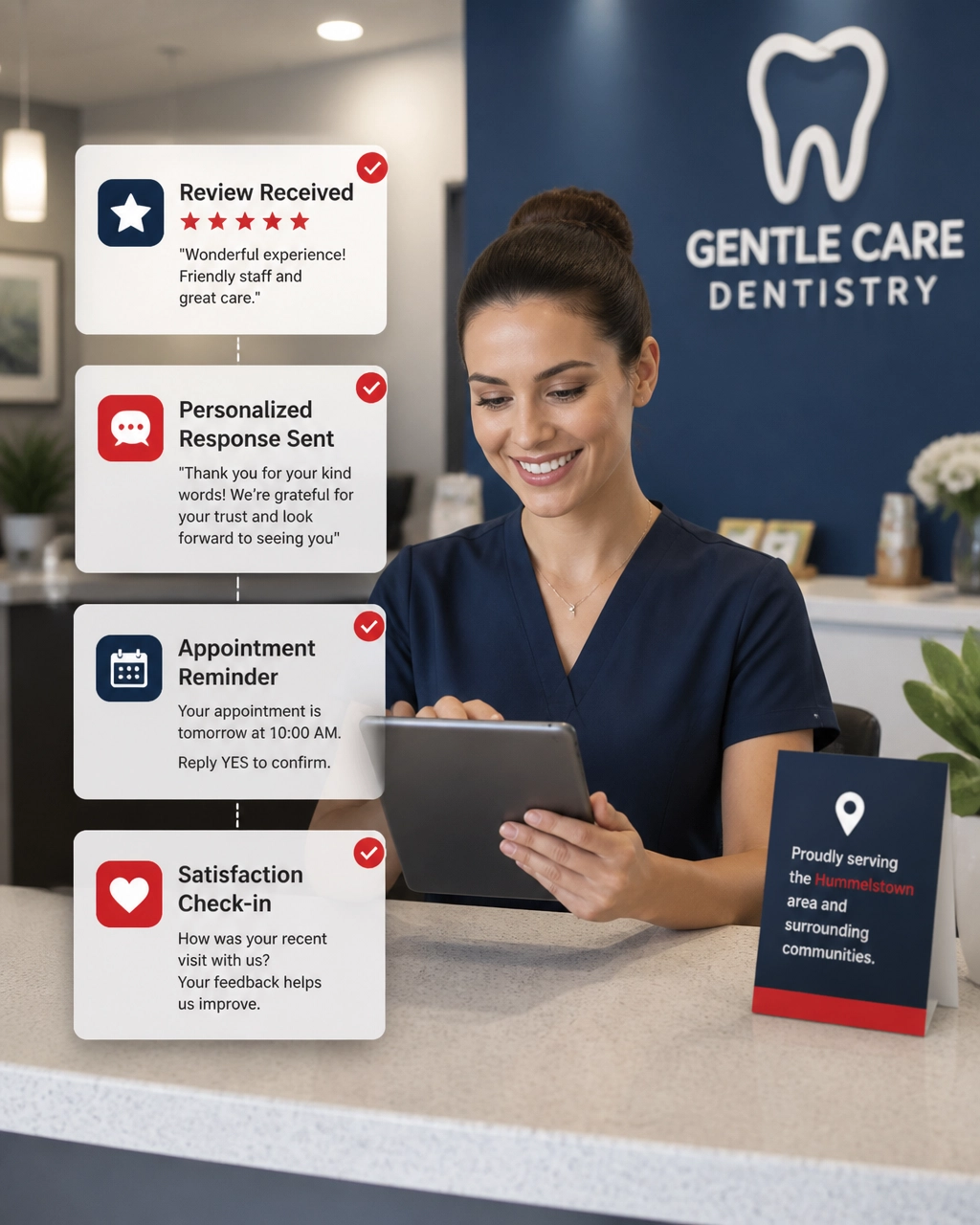Receptionist using an AI-assisted review and appointment follow-up workflow at a local dentist’s office