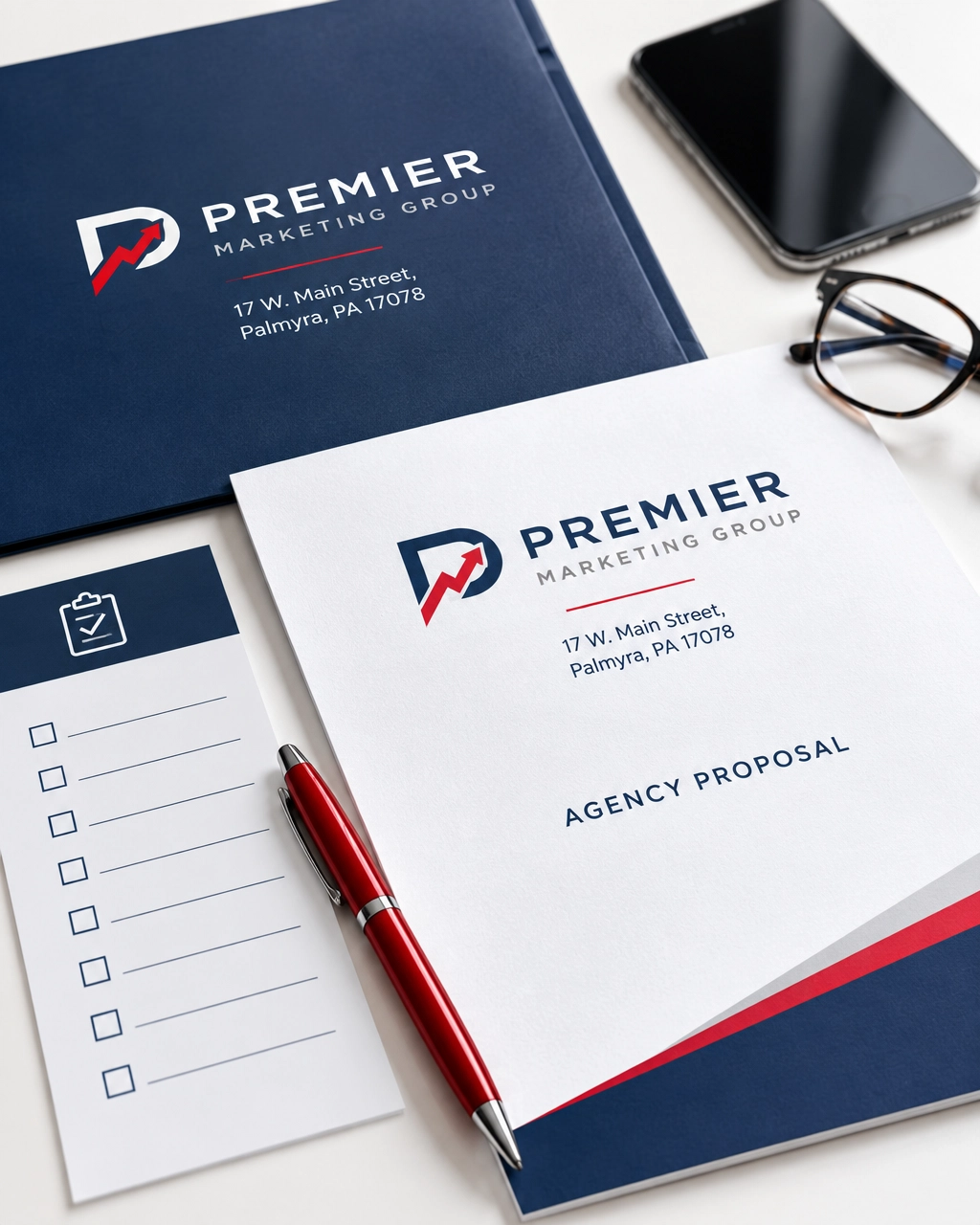 Printed marketing agency checklist and proposal on a desk