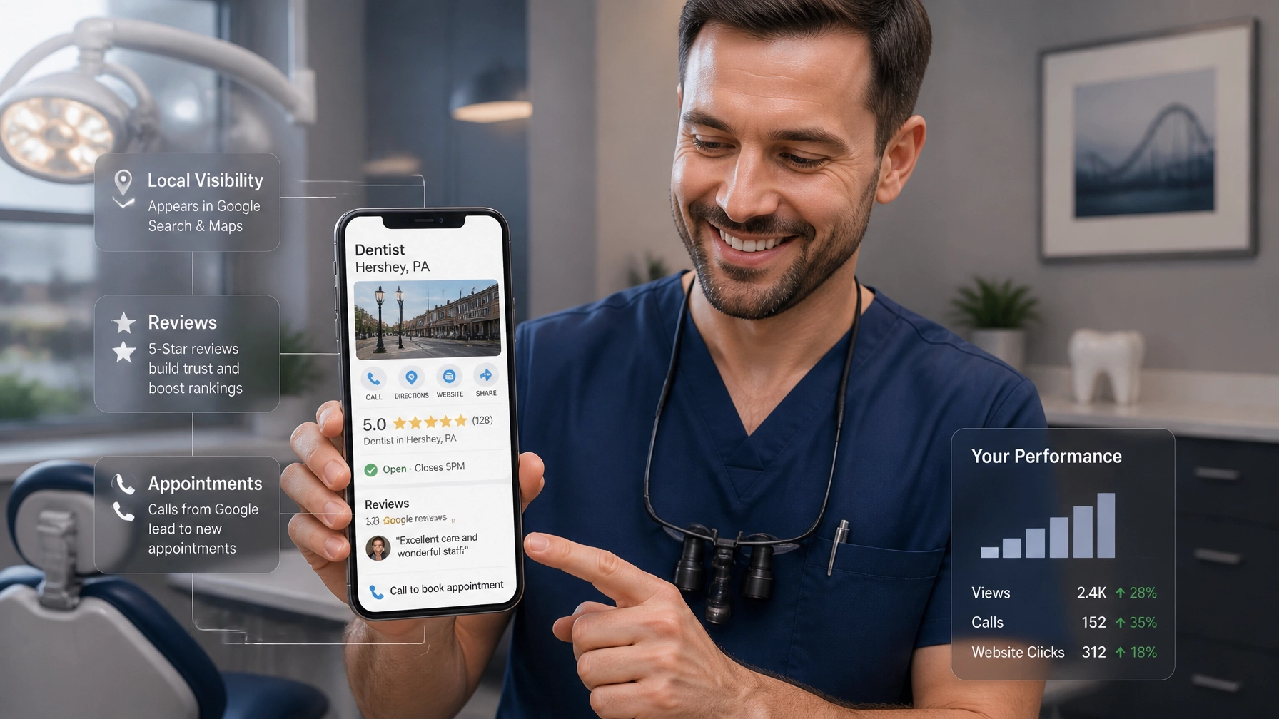 Pennsylvania professional reviewing local reputation and appointment visibility on a smartphone