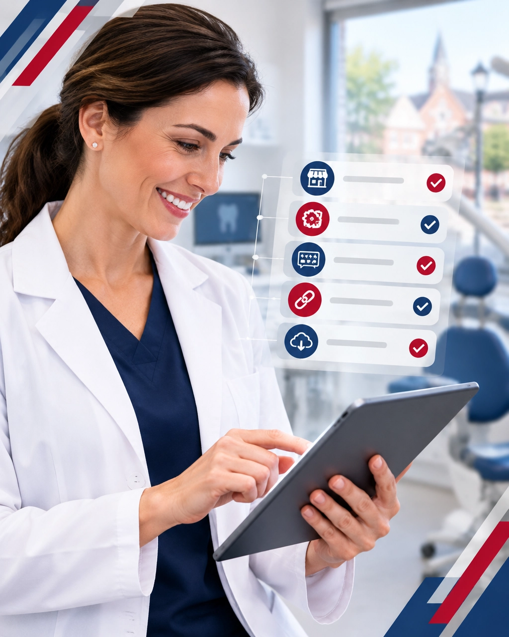 Family dentist in Palmyra, Pennsylvania reviewing a local business information and review audit on a tablet