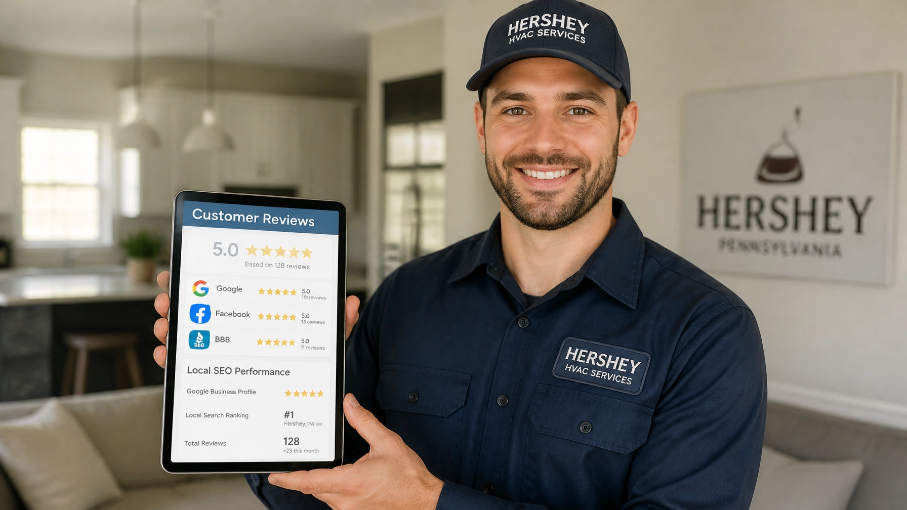 HVAC technician in Hershey, PA reviewing online customer reviews and local SEO ratings on a tablet