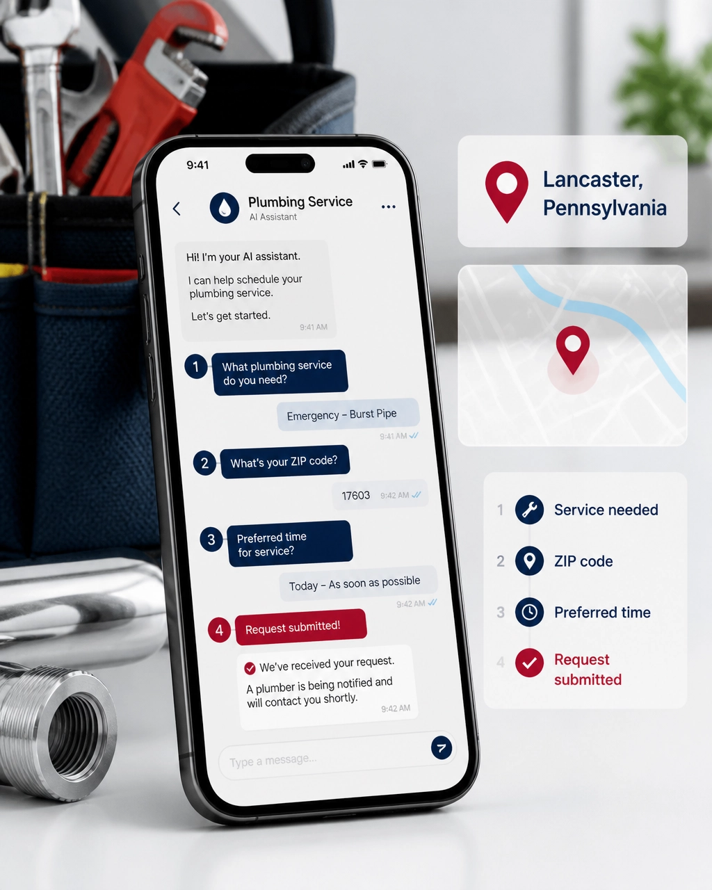 Smartphone showing an AI agent qualifying an emergency plumbing lead
