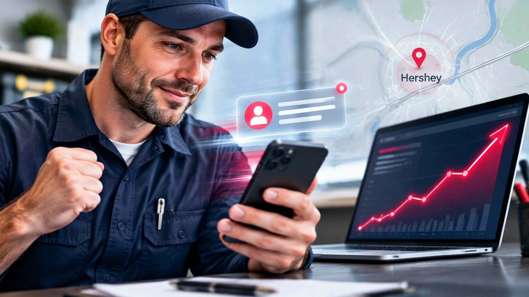 Electrician reviewing fast PPC lead notifications and paid search performance