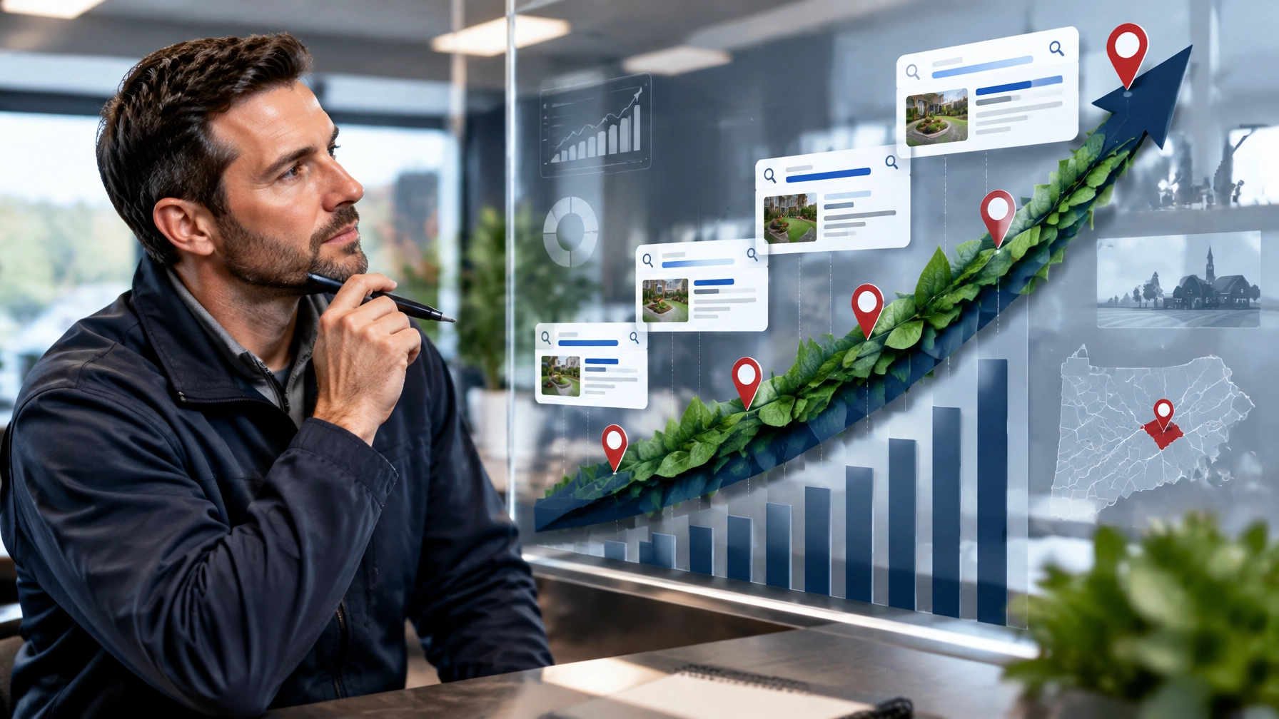 Landscaping contractor reviewing compounding SEO growth and local search visibility