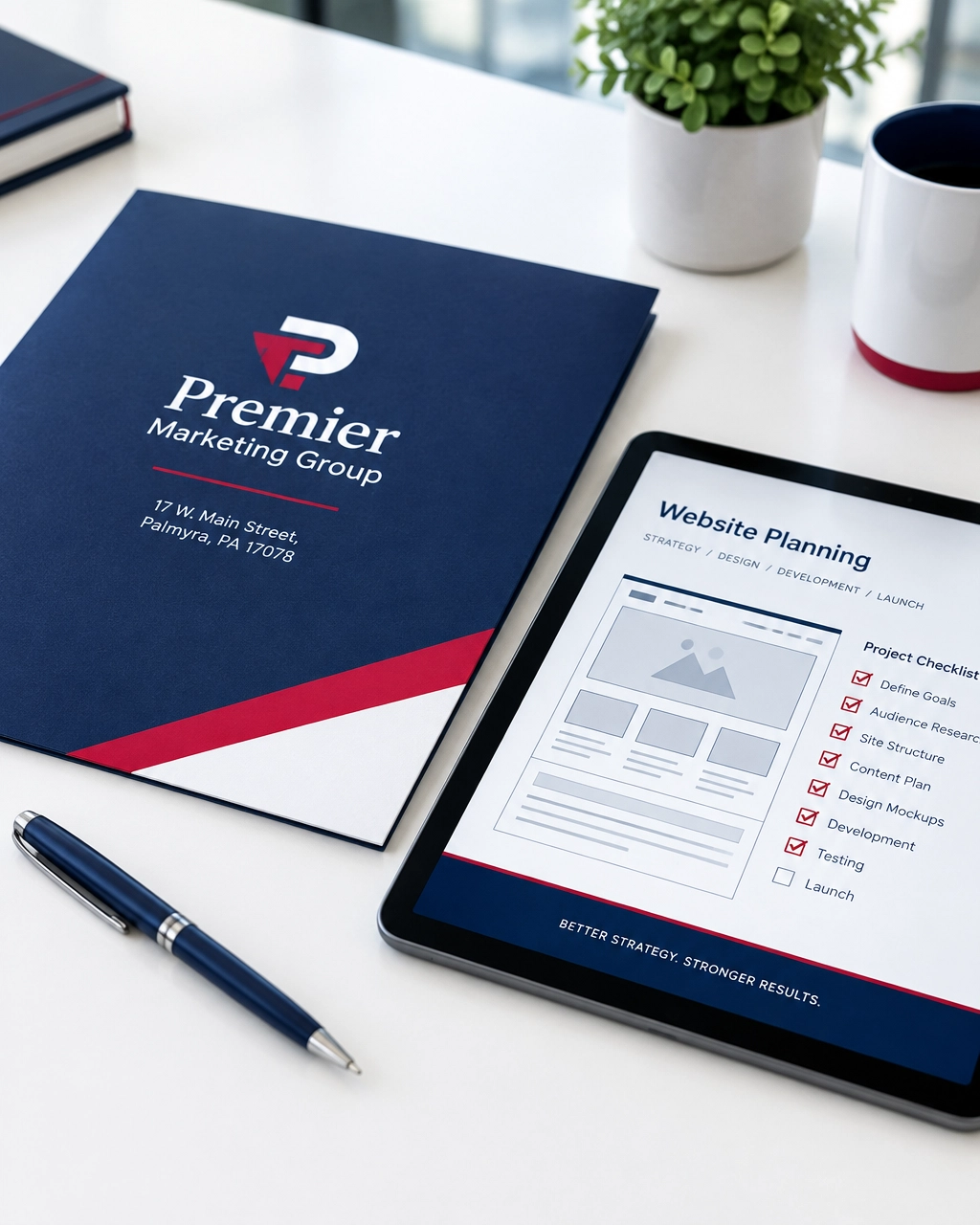 Premier Marketing Group website planning folder and tablet displaying a design checklist