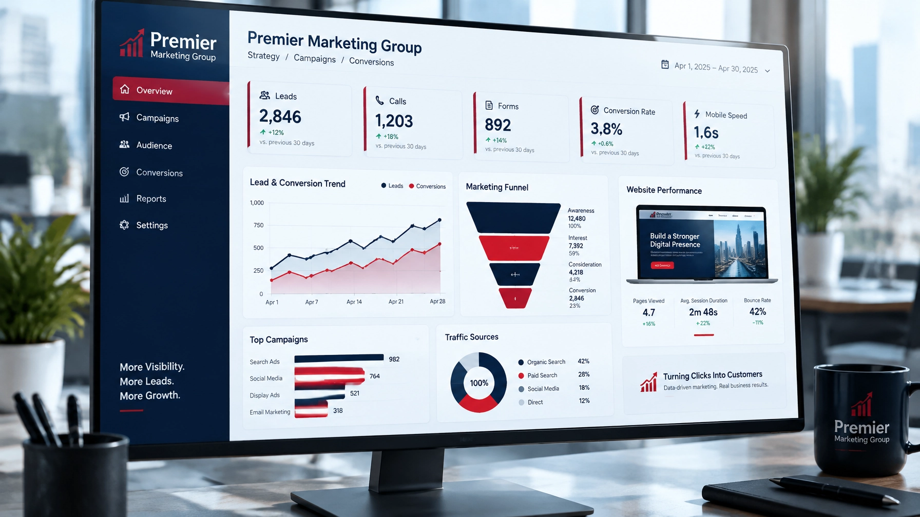 Premier Marketing Group performance dashboard showing leads, calls, forms, conversion rate, and mobile speed