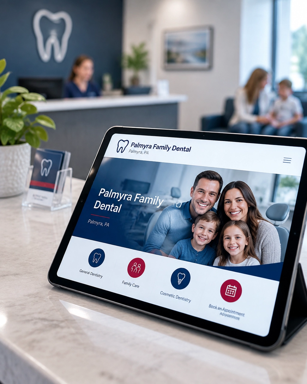 Tablet displaying a modern Palmyra family dental website in a welcoming practice